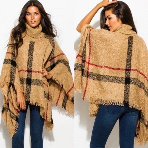 Unbranded Sweaters - SALE Southwest Woven Plaid Turtleneck Poncho